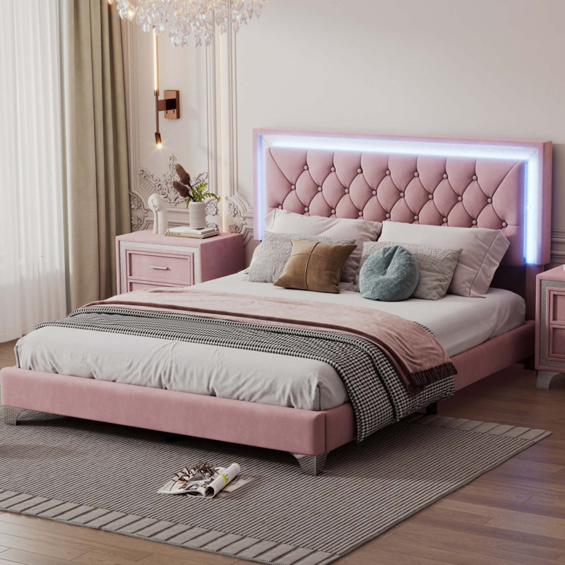 Upholstered Bed Frame with LED Lights Modern Velvet Platform Bed with Crystal Tufted Headboard